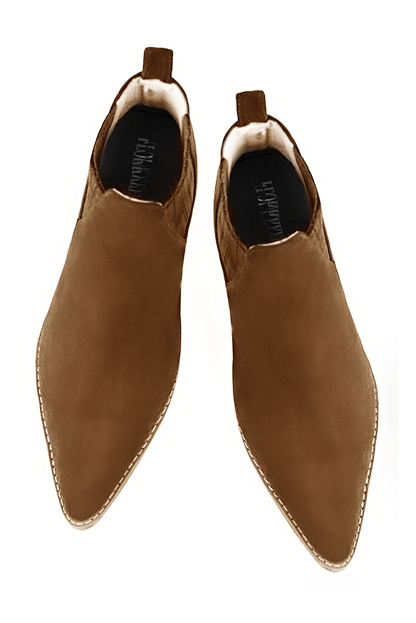 Caramel brown women's ankle boots, with elastics. Tapered toe. Medium cone heels. Top view - Florence KOOIJMAN
